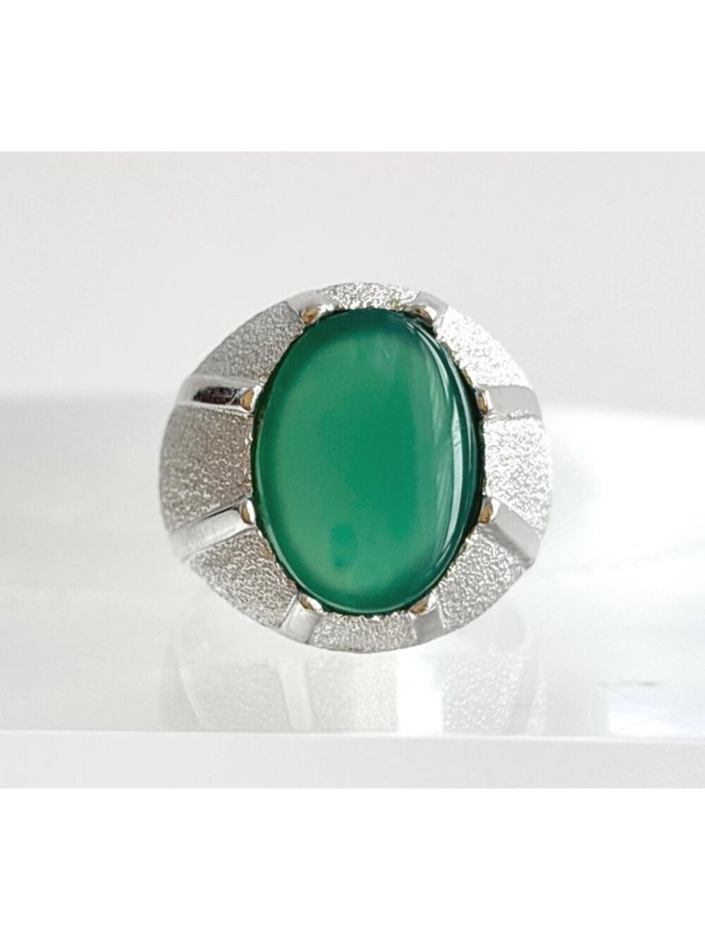 Yemeni Green Aqeeq Agate Solitaire Sterling Silver 925 Vintage Ring - sz 6